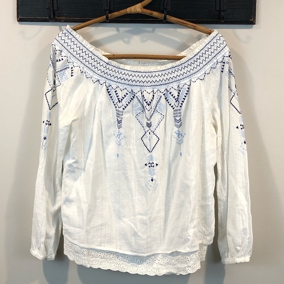 Skies Are Blue Tops - Skies Are Blue Boho Southwestern Embroidered Swiss Dot Off Shoulder Eyelet Top